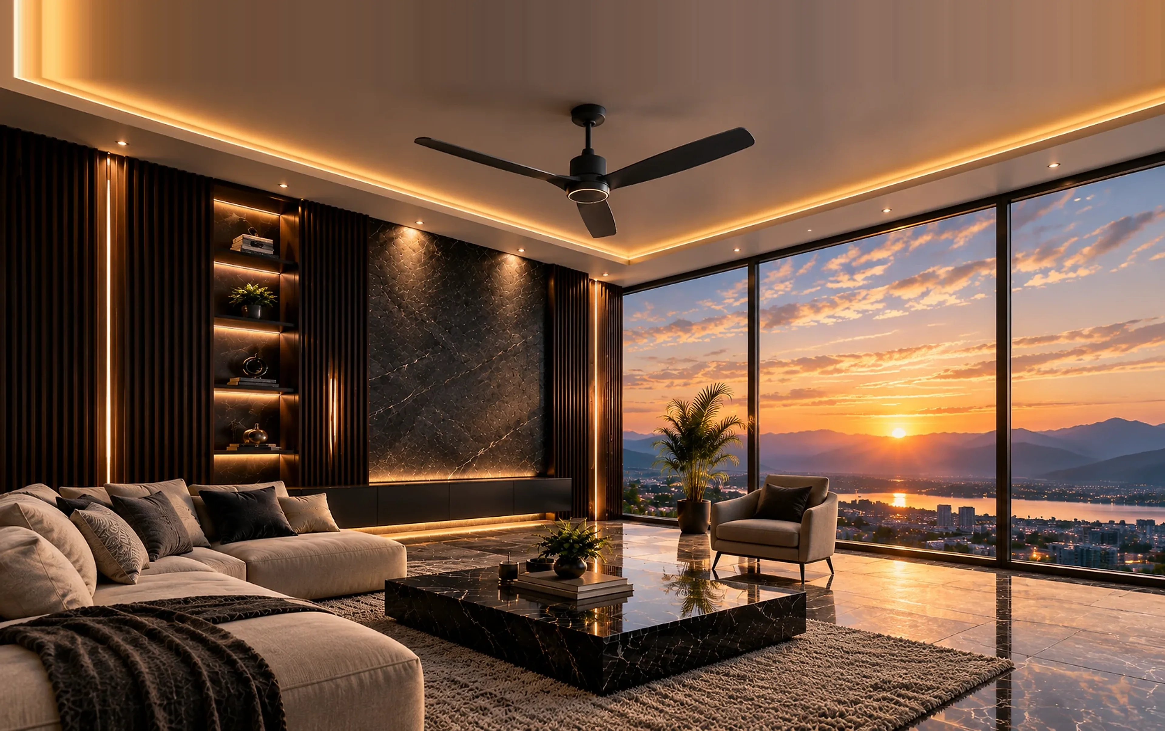 Luxury living room at sunset with a matte black Vangelo ceiling fan, marble wall and a mountain-view window