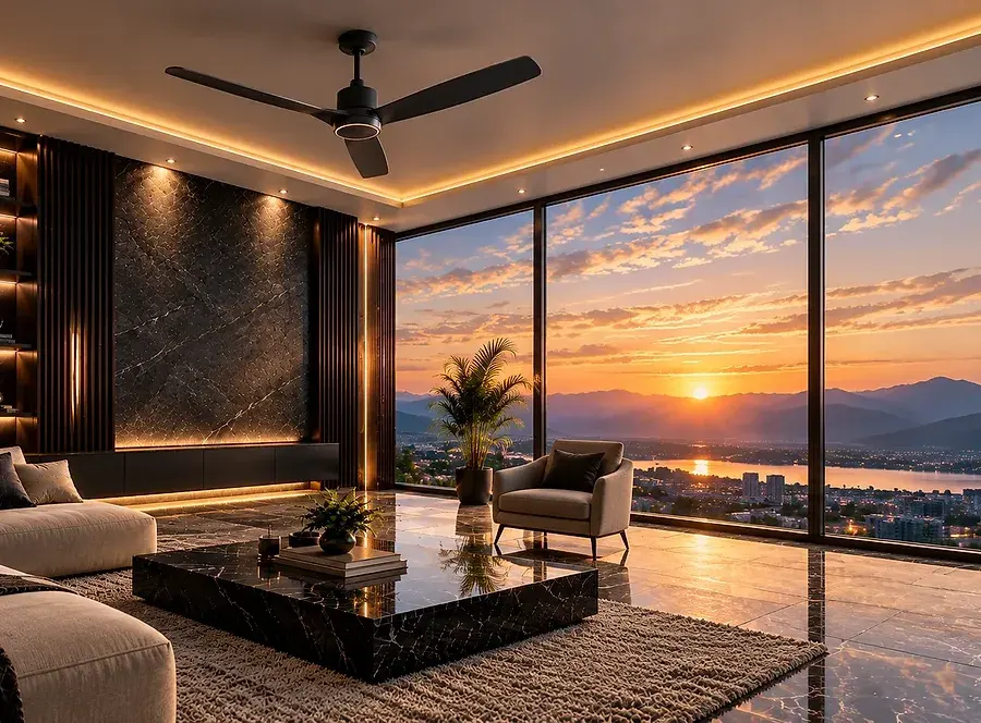 Vangelo fan in a lounge overlooking the mountains at sunset